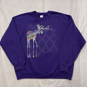 Alaska The Last Frontier Moose Graphic Print Crewneck Sweatshirt Purple Men XL